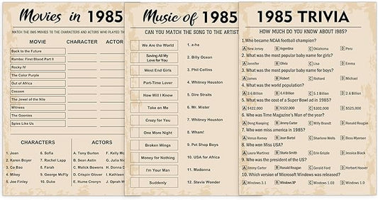40th Birthday Party Games, Set of 3 Activities for 10 Guests, Born in 1985 Games Bundle, Birthday Party Supplies for Adults, Pack of 30 Cards