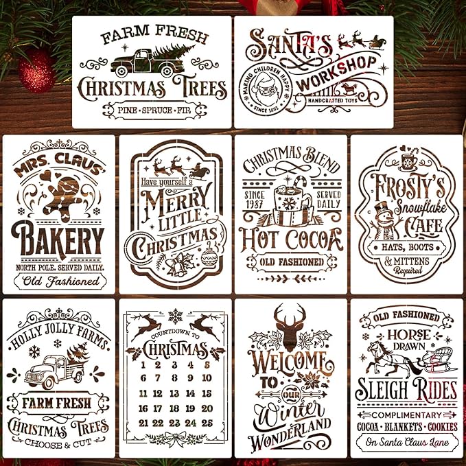 Christmas Stencils for Crafts Reusable A4 Christmas Stencil Holiday Stencils for Painting on Wood Fabrics Porch Hanger Decor