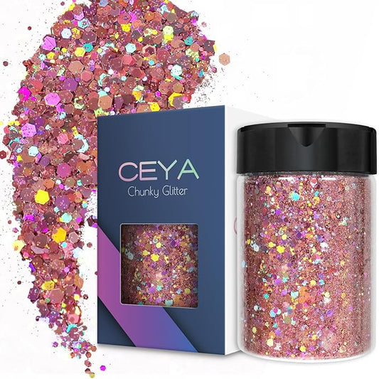 Ceya Holographic Chunky Glitter, 4.9oz/ 140g Pink Mauve Craft Glitter Powder Mixed Fine Flakes Iridescent Nail Sequins for Roses Nail Art, Hair, Epoxy Resin, Tumblers, Slime, Painting, Festival Decor