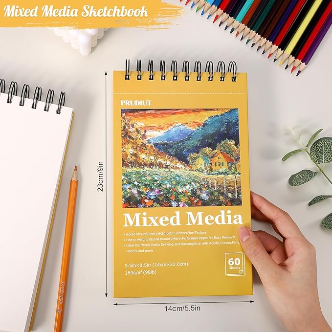 A5 Sketchbook, 2 Pack Mixed Media Sketchbook 120 Sheets Total, 98lb/160g/m² Heavy Weight Spiral Artist Sketchbook for Sketching, Crayons, Acrylics, Crafts, Ideal Gift