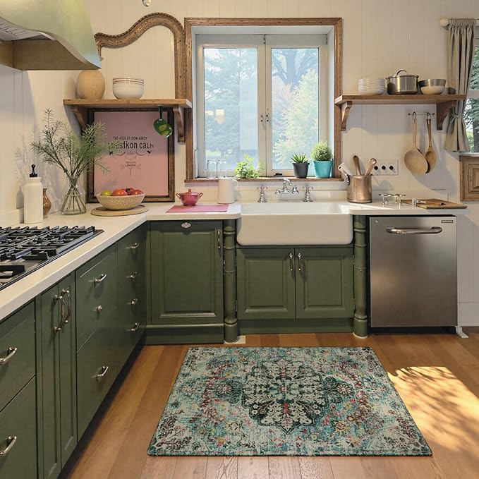 Lahome Boho Bohemian Area Rug - 2x3 Small Washable Bathroom Entryway Kitchen Rug,Floral Medallion Non Slip Pet Friendly Vintage Throw Carpet for Indoor Front Door Sink Living Room Bedroom,Teal