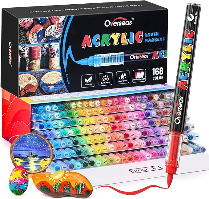 Overseas Acrylic Paint Markers 168 Colors, Brush Tip Paint Pens with Automatic Ink Control System, Quick Drying Liquid Ink Acrylic Marker for Rock, Wood, Canvas, Glass, Fabric, Metal, Plastic, Rubber