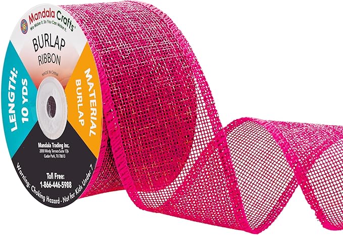 Mandala Crafts Hot Pink Burlap Ribbon 2 Inches Wide Jute Ribbons for Crafts - 20 Yds Roll Rustic Burlap Wrap Trim Ribbons for Wreaths Bows Wedding Party Decoration