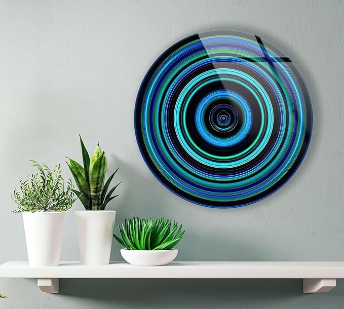 My Photostation.com 15.8''(40cm) Diameter Blue and Green Round Glass Wall Art Tempered Glass Printing Wall Decor Large Wall Art Wall Hangings