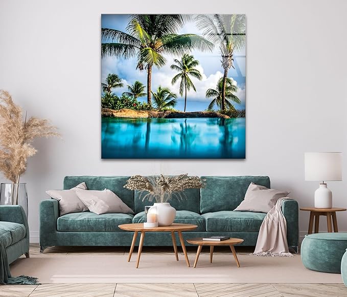 My Photostation.com 43Wx27H'' Island & Blue Sea Glass Wall ArtTempered Glass Printing Wall Decor Large Wall Art Wall Hangings