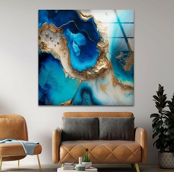My Photostation.com Round 24'' Blue Alcohol ink Glass Wall ArtTempered Glass Printing Wall Decor Large Wall Art Wall Hangings