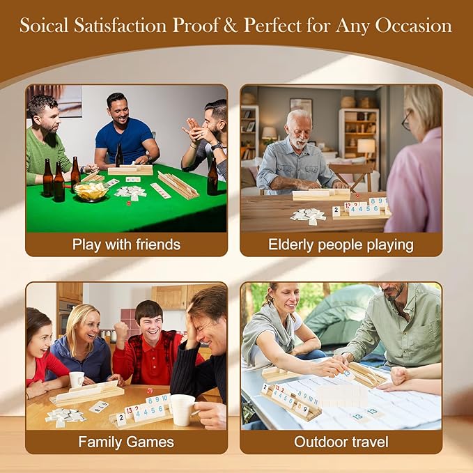Upgraded 2-6 Players Rummy Game with 6 Wooden Racks, 160 Melamine Tiles, Drawstring Bag, Premium Portable Case, Tile Board Games for Adults & Kids Age 8+, Birthday Gifts for Women Men Dad Mom