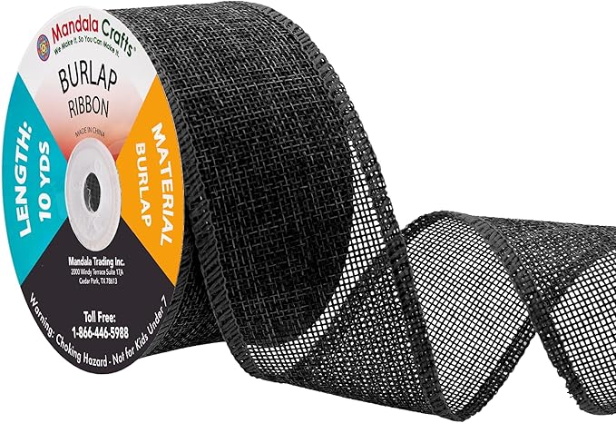 Mandala Crafts Black Burlap Ribbon 2 Inches Wide Jute Ribbons for Crafts - 20 Yds Roll Rustic Burlap Wrap Trim Ribbons for Wreaths Bows Wedding Party Decoration