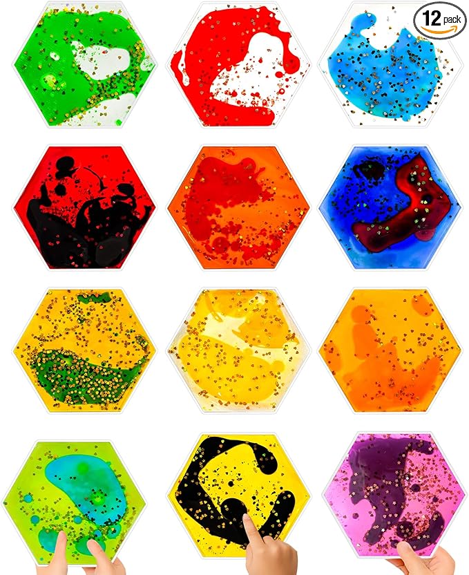 Squishy Liquid Sensory Tiles for Kids – Soft Colorful Hexagonal Tactile Play Pads for Squeezing, Visual Tracking, Desk, Calm Corner, Quiet Play or Travel (12-Pack, 5.2" x 3")