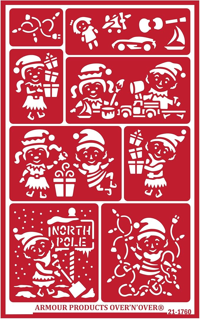Over'N'Over Reusable Glass Etching Stencils – Durable Self-Stick Designs for Glass, Mirrors, and Ceramics with Armour Etch Cream – 5” x 8” Stencil Sheet - Elves
