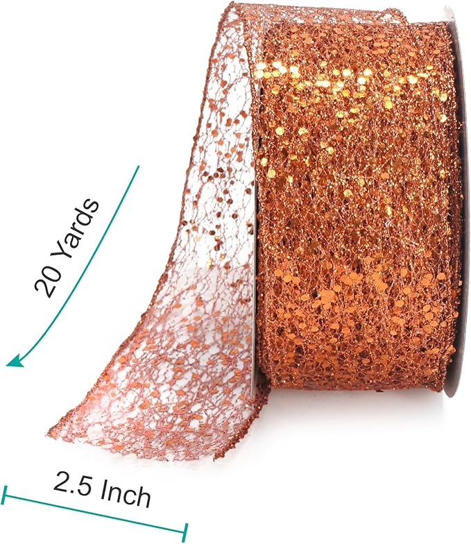 CT CRAFT LLC Sparkling Glitter Mesh Wired Ribbon 2.5" x 20 Yards Bronze Orange for Christmas Home Decor Bow Gift Wrapping DIY Crafts Wreath