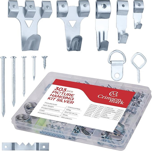 303-Piece Picture Hanging Assortment, Heavy Duty Hooks, Nails, Sawtooth, D-Rings, Wire, Level, and Metal Wall Hooks for Picture Framing and Canvas Mounting (Silver)