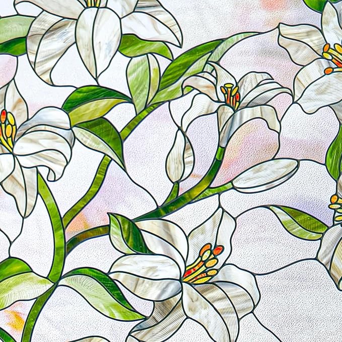 3D Stained Glass Window Film, Decorative Window Privacy Film for Bathroom,Front Door,Home, Sun Blocking Heat Control,Static Cling, White Lily 23.6inch x 35.4inch