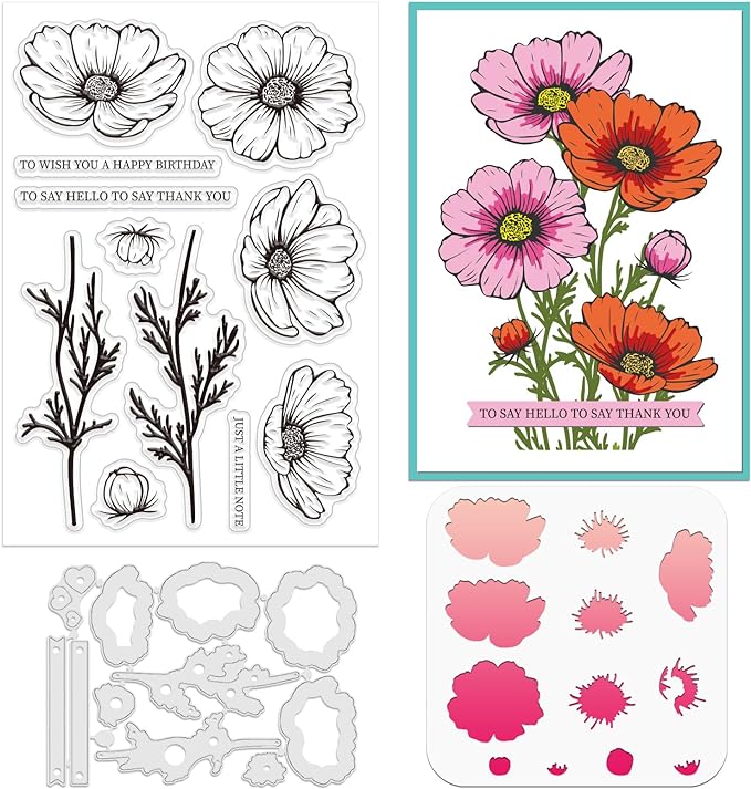 ORIGACH Realistic Cosmos Flower Layering Stencils Set for Card Making, Coreopsis Flower Stencil Template Silicone Stamps and Die Sets for Scrapbooking DIY Crafting