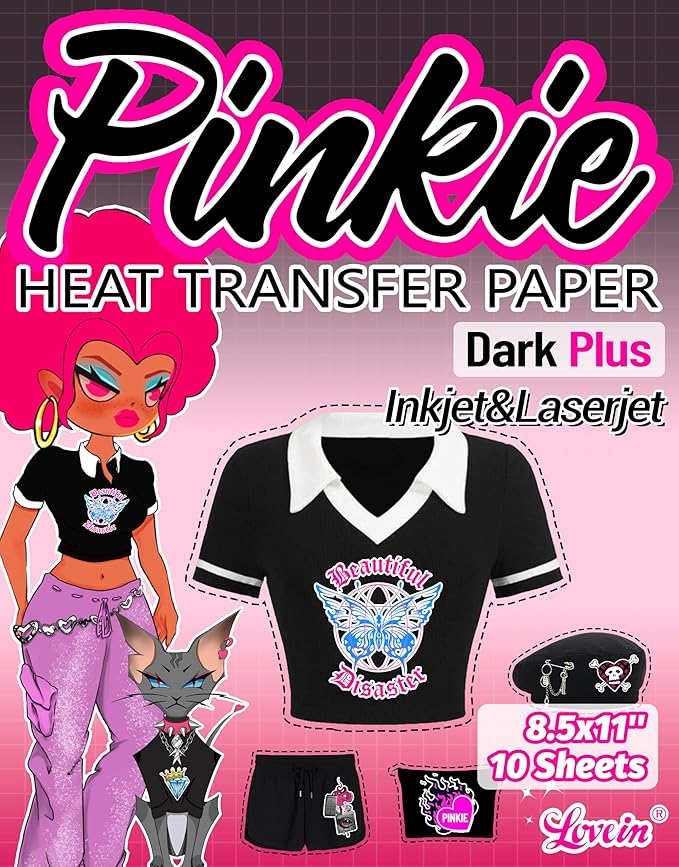 Lovein-Pinkie Heat Transfer Paper for Laser & Inkjet Printer (10 Sheets 8.5x11", Dark Plus) Printable Iron on Transfer Paper for Dark Fabric, Printable Heat Transfer Vinyl for T Shirts