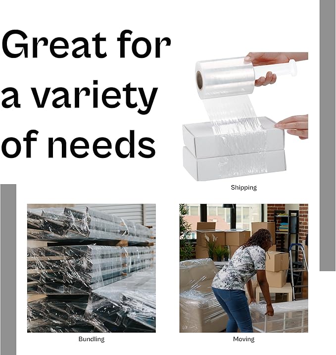 PSBM Mini Stretch Wrap with Handle, 12 Pack, 4 Inch x 1000 Feet, 90 Gauge, Clear, Small Plastic Cling Film for Pallets Moving Storing