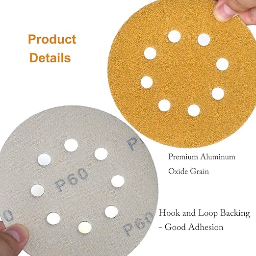 5-Inch 8-Hole Hook and Loop Sanding Discs 60-Grit Random Orbit Sandpaper, 100-Pack