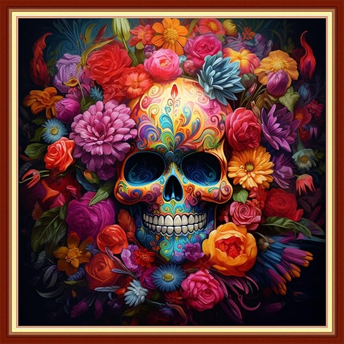 Redxing Stamped Cross Stitch Kits Full Range of Embroidery Starter Kits- Needlepoint Counted Cross Stitch Kits for Beginner Adults 11CT Printed Embroidery Kit-Skeleton Flower 18x18 inch
