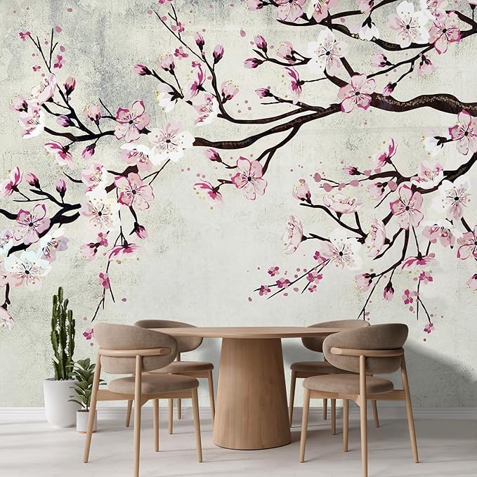 wall26 Wall Sticker/Wall Mural Watercolor Style Ink Painting Pink Cherry Blossom on Vintage, Not Peel and Stick, Non-Woven Wallpaper Decorative for Bedroom, Living Room, Office - 100x144 inches