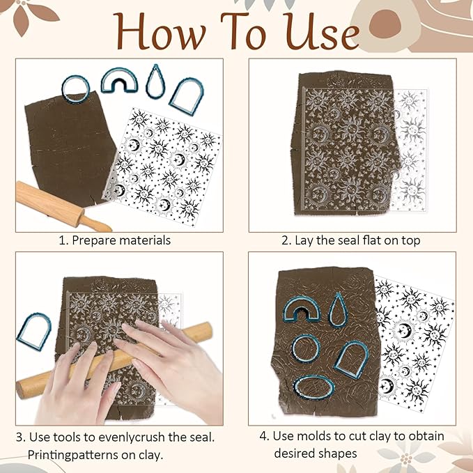 CHGCRAFT Sun Moon Stars Polymer Clay Texture Sheets Silicone Texture Stamp Clay Texture Mat Modeling Pattern Pad Texture Sheets for Jewelry and Clay Earrings Tools, 5.5x5.5 inch