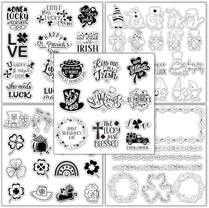 Whaline 5 Sheet St. Patrick's Day Clear Stamps Wreath Shamrock Lucky Words Silicone Transparent Stamps Border Stamp Cards for Irish DIY Crafts Card Making Scrapbooking Embossing Album Decor