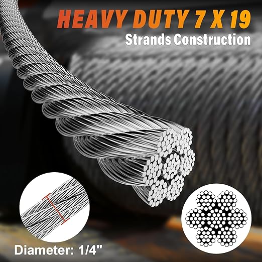 Stainless Steel Cable for Railing - 250FT 1/4" T316 Wire Rope - 7 x 19 Strands 6700 LBS Breaking Strength for Outdoor Deck Railing Zipline