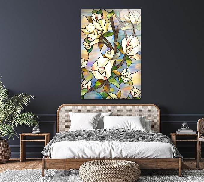 My Photostation.com 27Wx43H'' Stained Magnolia Glass Wall Art Tempered Glass Printing Wall Decor Large Wall Art Wall Hangings