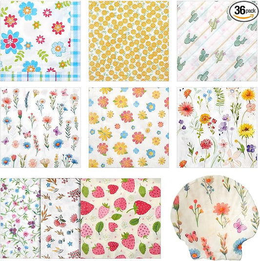 Crtiin 36 Pack 9 Styles Decoupage Napkins Assorted Floral Decorative Decoupage Napkins Chinoiserie Cocktail Paper for DIY Crafting Birthday Party, Each Unfolded 13 Inch (Little Colorful Floral)