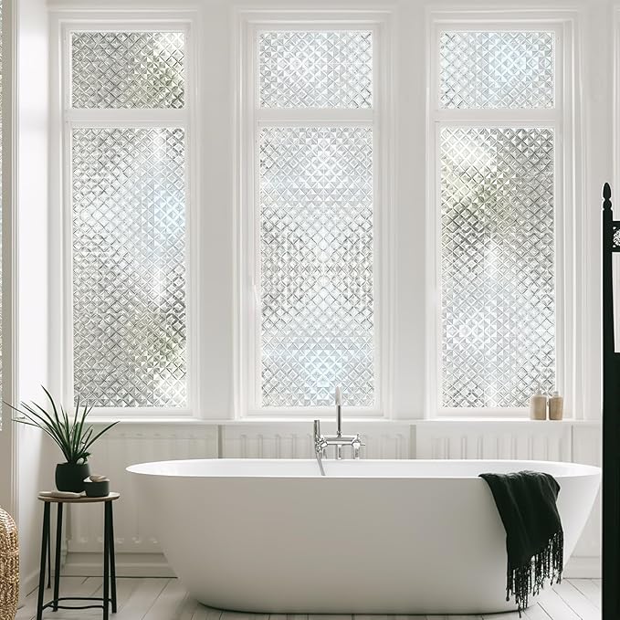 Qualsen Window Privacy Film, Stained Glass Window Film Heat Control UV, Frosted Rainbow Bathroom Decorative Film 3D Static Clings, Peel and Stick Window Tint for Home,35.4x78.7inch