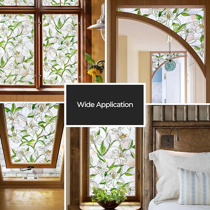 3D Stained Glass Window Film, Decorative Window Privacy Film for Bathroom, Front Door, Home, Sun Blocking Heat Control, Static Cling,White Lily 35.4inch x 78.7inch