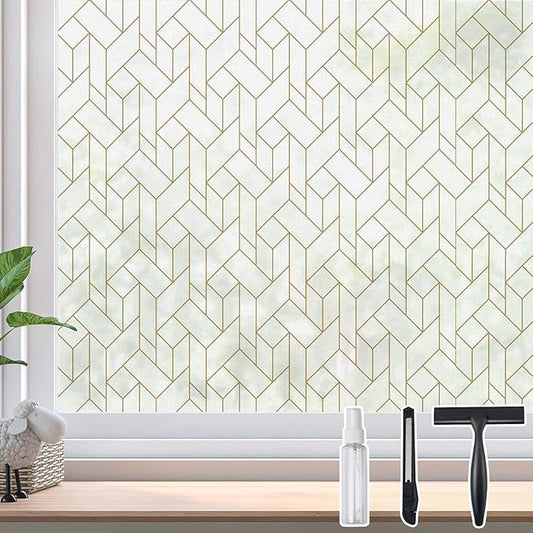 DKTIE Geometric Art Stained Glass Window Film Bathroom Window Privacy Film Frosted Glass Static Clings Non Adhesive with Installation Tools, Modern Home Improvement Style (S120, 17.7'' x 78.7'')