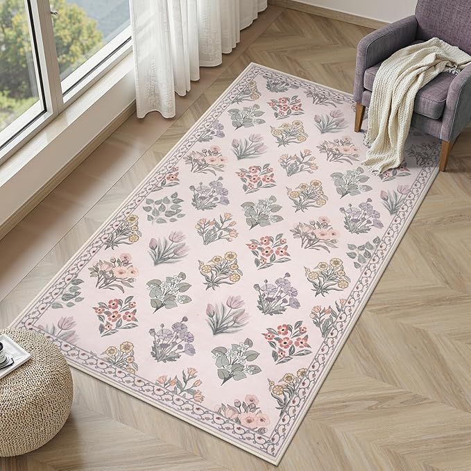 Wonnitar Boho Floral 3x5 Washable Rug, Ultra-Thin Pink Small Rugs for Bedroom, Soft Non Slip Moroccan Throw Carpet for Nursery Girls Bedside Dorm Room Decor, Pale Pink