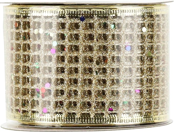 MEEDEE Champagne Gold Glitter Ribbon - 2.5 Inch Square Mesh Net Wired Ribbon with Rainbow Sparkle for Christmas Tree Decoration, Wreath Bow Making (25 Yards)