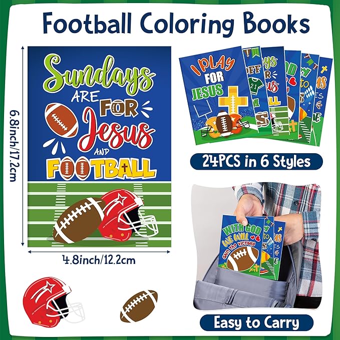 JAPBOR Football Coloring Books for Kids - 24PCS Mini Christian Themed Color Book Bulk Party Favors, Religious Jesus Bible Small Colour Pages for Sunday School Church Classroom Drawing Painting Games