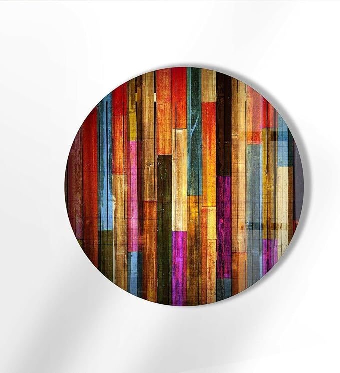 My Photostation.com 15.8''(40cm) Diameter Colorful Wood Pattern Round Glass Wall Art Tempered Glass Printing Wall Decor Large Wall Art Wall Hangings