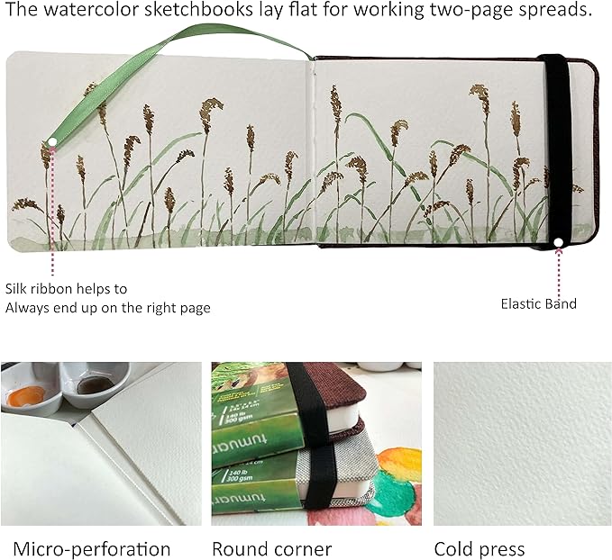 tumuarta Watercolor Journal, 8.25x5.5, 140 LB, 300 GSM, Cotton Paper, Cold Press, 24 Sheets, 48 Pages, Watercolor Paper Sketchbooks for Use As Travel Notebook and Mixed Media Pad