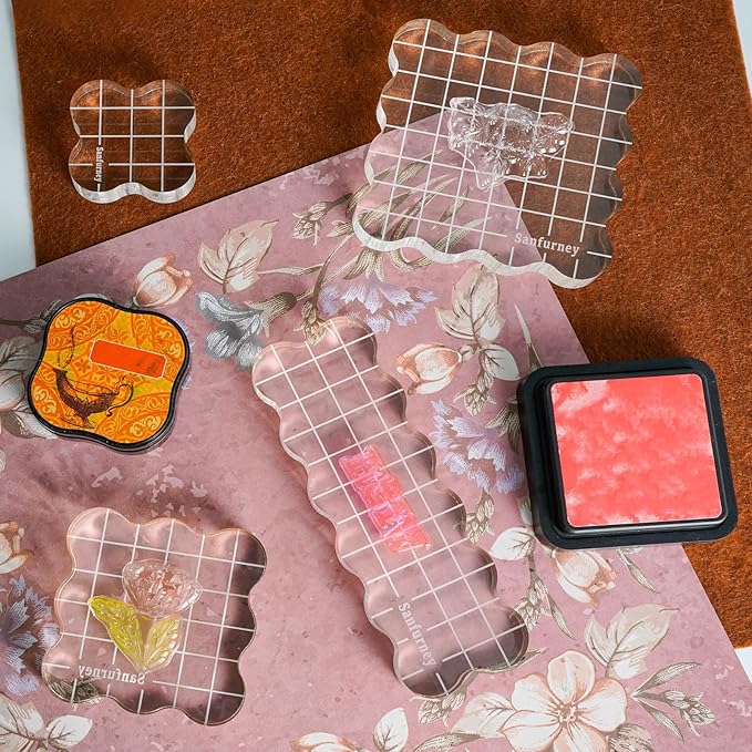 Sanfurney 4 Pieces Acrylic Stamp Blocks Set, 15mm Thick, Clear Stamping Tools with Grid Lines Decorative Stamp Blocks for Scrapbooking Crafts Card Making