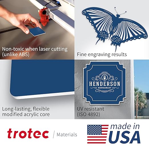 Trotec TroLase | 12"x20"x1/16", 4 Pcs | Light Blue/White | 2 Ply | Modified Acrylic | Laser Engraving Double Color Plastic Sheet | Engraving Blanks for Laser, Saw, Guillotine | Made in USA