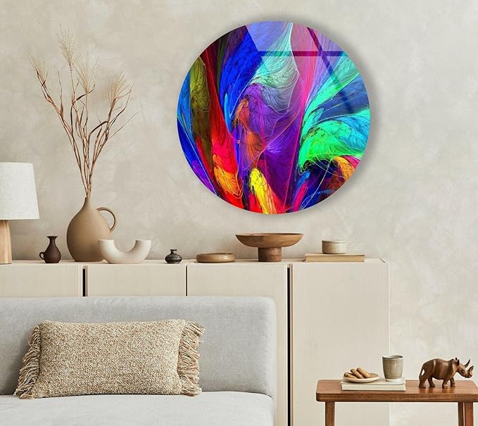 My Photostation.com 27.5''(70cm) Diameter Neon Colors Abstract Round Glass Wall Art Tempered Glass Printing Wall Decor Large Wall Art Wall Hangings