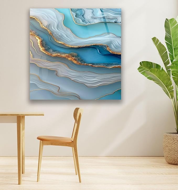My Photostation.com 18Wx28H'' Turquoise and Blue Alcohol ink Glass Wall Art Tempered Glass Printing Wall Decor Large Wall Art Wall Hangings