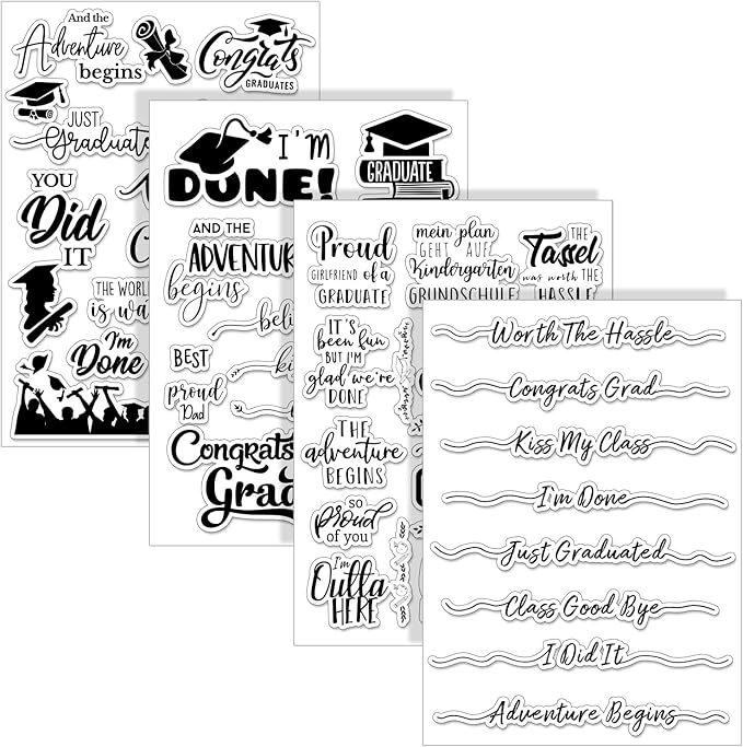 Whaline 4 Sheet Graduation Words Clear Stamps Congrats Grad Cap Silicone Transparent Stamps Border Stamp Cards for DIY Craft Card Making Scrapbooking Embossing Album Decor