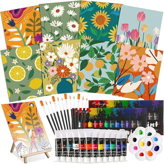 Cholemy 36 Pcs Paint and Sip Kit for Adults 8''x10'' Pre Drawn Canvas for Painting DIY Afro Acrylic Painting Kit Wood Easel Brushes Date Night Bulk for Christmas Party Gifts(Flowering)