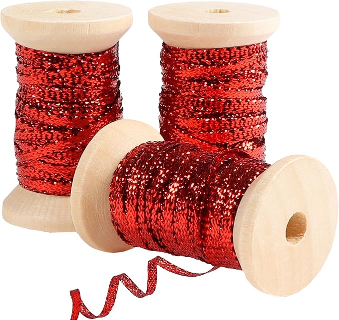 Red Thin Ribbon 1/8 inch Metallic Braided Double Faced Ribbons Curling Ribbons for Balloon String Crafts Gift Wrapping Party Wedding Christmas Ornaments Decoration 7 Yard x 3 Rolls