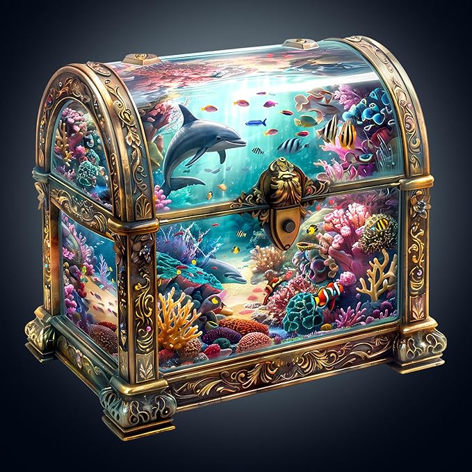 Wooden Puzzles for Adults, Treasure Chest Ocean Wooden Jigsaw Puzzle Unique Shape Animal Wood Puzzles Adult 3D Visual Effect, Birthday Gifts for Puzzle Lovers Family Games (S-8.5 * 8.1in-100pcs)