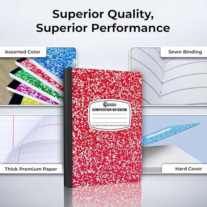 Rosmonde 50 Pack Bulk Composition Notebooks, Wide Ruled, 200 Pages (100 Sheets), 9-3/4 x 7-1/2, Hard Cover, Bulk School Supplies, Assorted Colors Marble Composition Journal, Bulk Notebooks for School