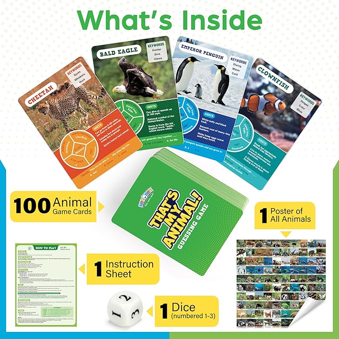 BenBen Guess Animal Card Games for Kids Family, 100 Cards, Educational Board Games for Travel, Classroom, Camping, Party, Car, Airplane, Road Trip Activities for Boys, Girls Ages 5+