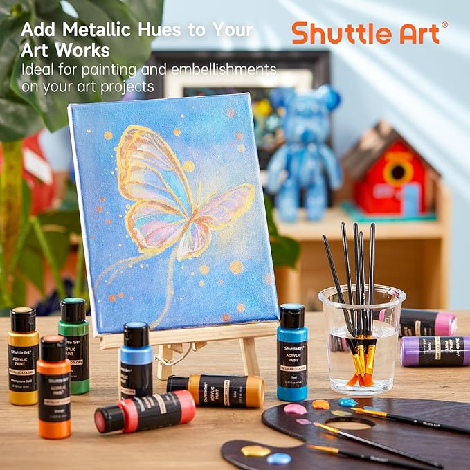 Shuttle Art 30 Colors Metallic Acrylic Paint, Artist Grade Metallic Paint in Bottles (60ml, 2oz), Rich Pigmented, High Viscosity, Non-Toxic for Artists, Beginners on Rocks Crafts Canvas Wood Fabric