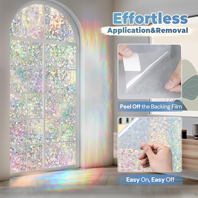 DOWELL Window Privacy Film Rainbow Film, Stained Glass Decorative Sticker, Static Cling Non-Adhesive Glass Clings, Sun Blocking Heat Control Window Coverings for Home Door, 35.4" x 118.1"