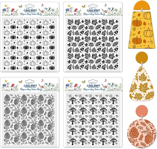 CHGCRAFT 4Pcs Pumpkin Maple Leaf Polymer Clay Texture Sheet Pinecone and Mushroom Autumn Silicone Clay Texture Mat for Polymer Clay Making Earrings Jewelry DIY Crafts 5.5 × 5.5 Inch