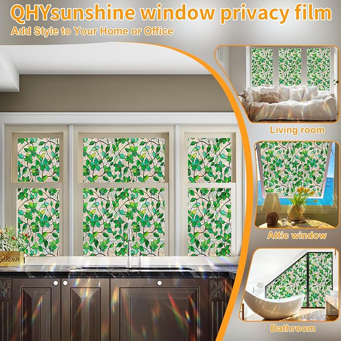 Window Privacy Film Stain Glass Window Film Rainbow Window Film Window clings Non-Adhesive Reusable Decorative for Room (Green Rainbow, 45.2 X 78.7 in)